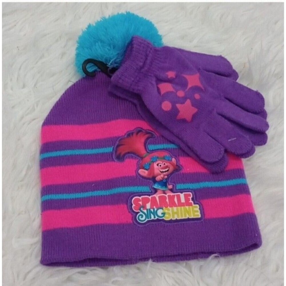 Trolls Sparkle Sing Shine Knit Hat & Gloves Pink/Purple and Blue Poms